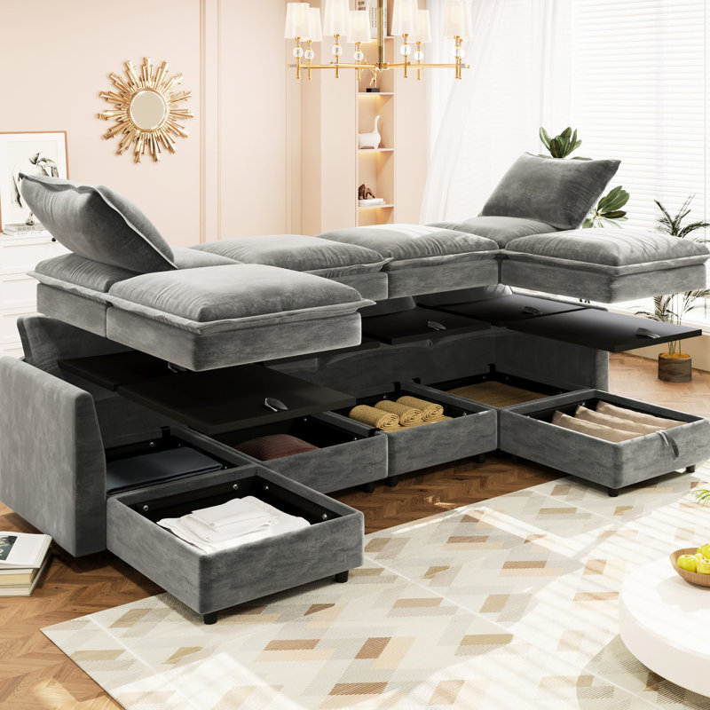 Lit gris de 126 po avec rangement spacieux, 6 sièges modulables, Polyester gris