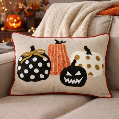Housse de coussin lombaire, citrouille Hallow brodée, lin noir 14 x 20