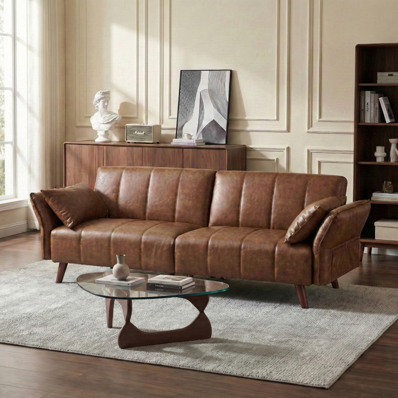 76.4'' Faux Leather Convertible Sofa, Mid Century Modern Leather Futon Sofa Bed With Adjustable Backrest Armrest & Storage Pocket