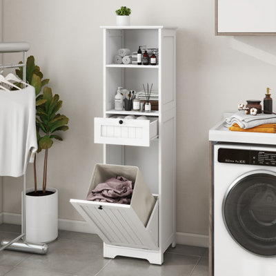 Armoire de trieuse à linge inclinable en panneau de fibres à densité moyenne 55,25 po avec tiroir et sac amovible pour petite salle de bain