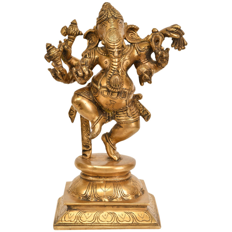Statue en laiton de Ganesha dansant de 9 po - Sculpture de divinité Nritya Ganapati fabriquée à la main pour le temple