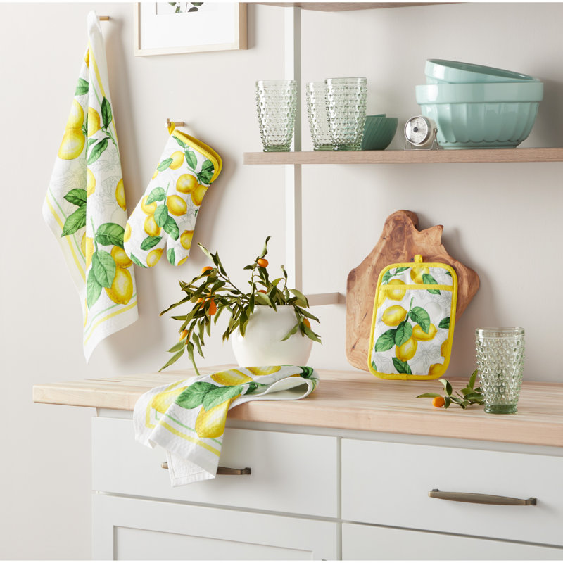 Lemon Print Cotton Kitchen Towel and Mitt Set, 4-Pack