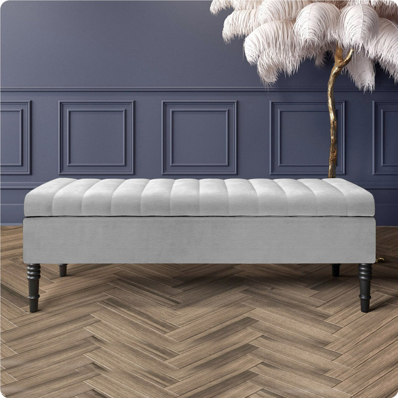 Safar Striped Ottoman Storage Bench – Upholstery Naples Shoe Bench with Black Turned Wooden Legs, Silver