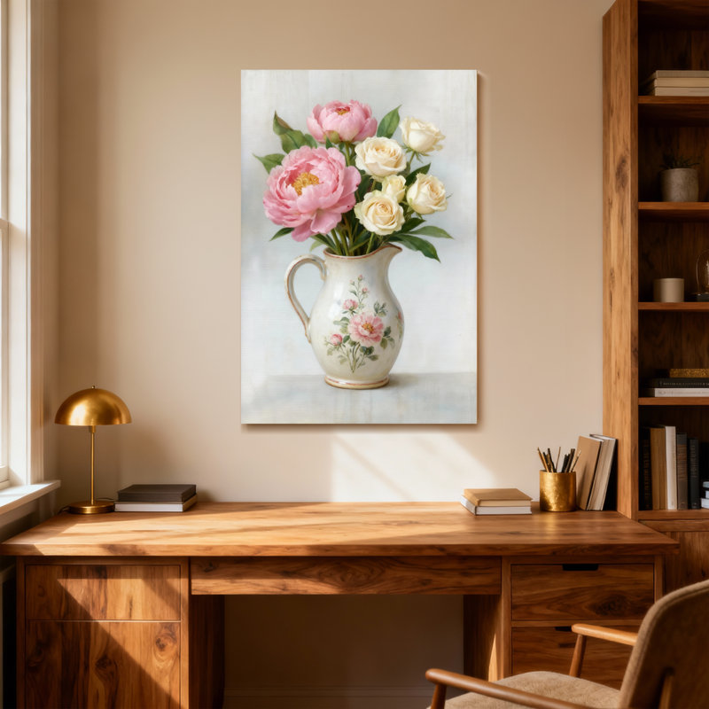 Plantes et fleurs pivoines roses et roses blanches dans un vase, H 12 po x l 18 po