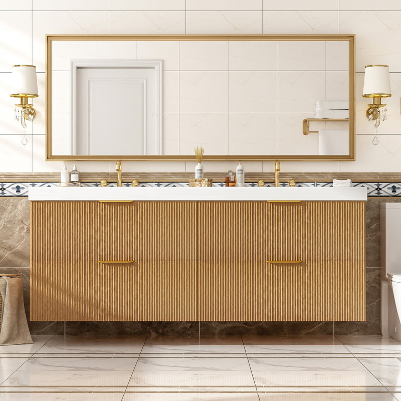 Meuble-lavabo mural double vasque de 150,6 cm (59,3 pouces) avec comptoir en SMC, armoire en MDF mélaminé à grain de bois et tiroirs à fermeture douce