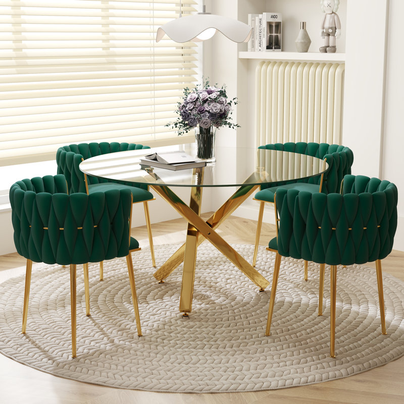 Ensemble de salle à manger Ayron, table de salle à manger avec pieds croisés et chaise de salle à manger en velours, Vert