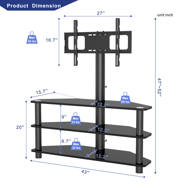 Support de plancher pivotant noir avec étagère, peut supporter jusqu'à 110 lb
