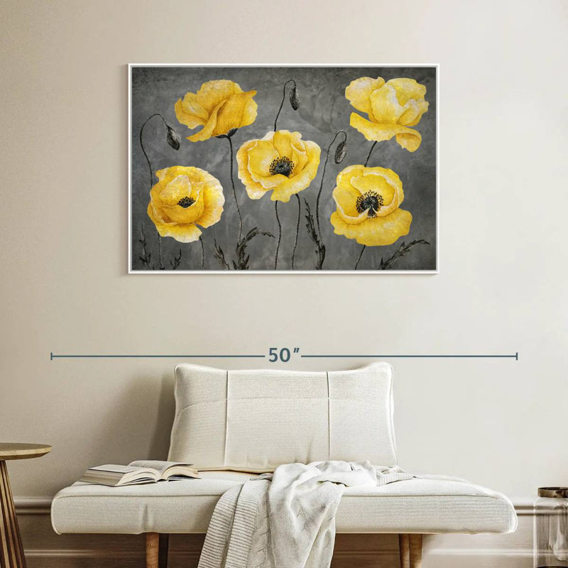 Coquelicots jaunes, Cadre flottant blanc, 40 po x 27 po