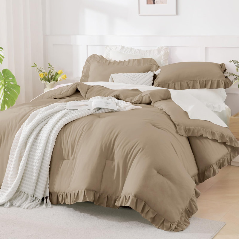 Andency Oversized King Ruffle Comforter Set 120x120, 3 Pieces Taupe Lightweight Fluffy Super King Bedding Set, Shabby Chic Famhouse All Season Bed Set for Girls Women