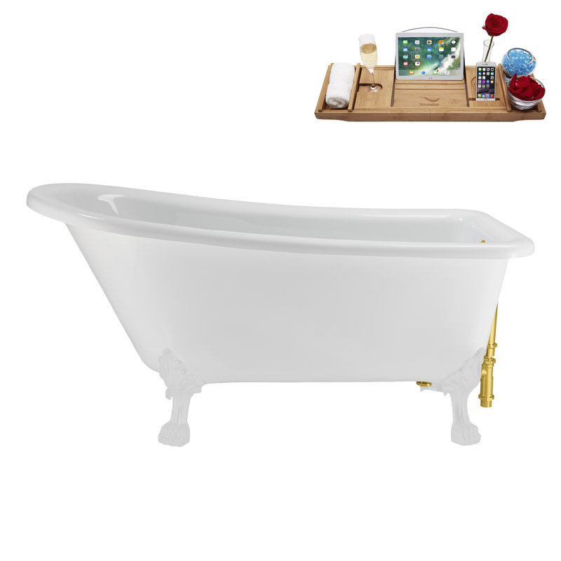58" Streamlin Clawfoot Tub,Tray,Drain, Clawfeet, Glossy White, Polished Gold