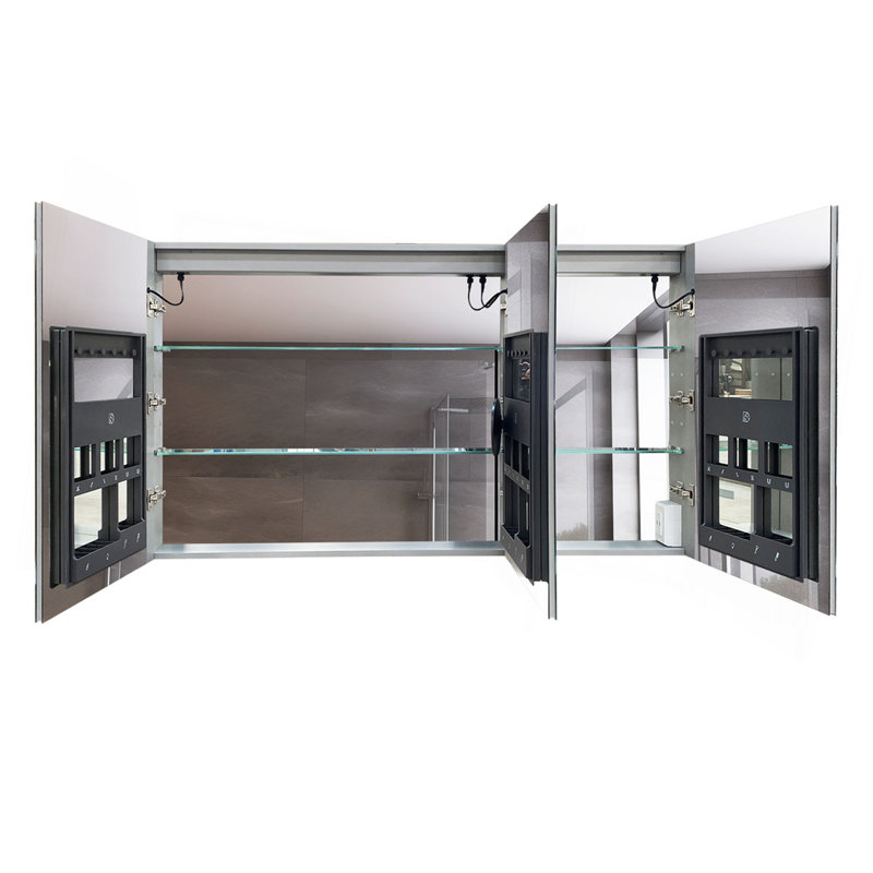 Armoire à pharmacie 60 po x 36 po à DEL avec miroir, douilles et tablettes en verre réglables, à intensité variable, anti-buée