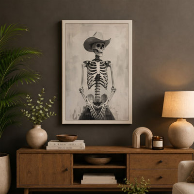 Skeleton in Black Hat Vintage - Wrapped Canvas