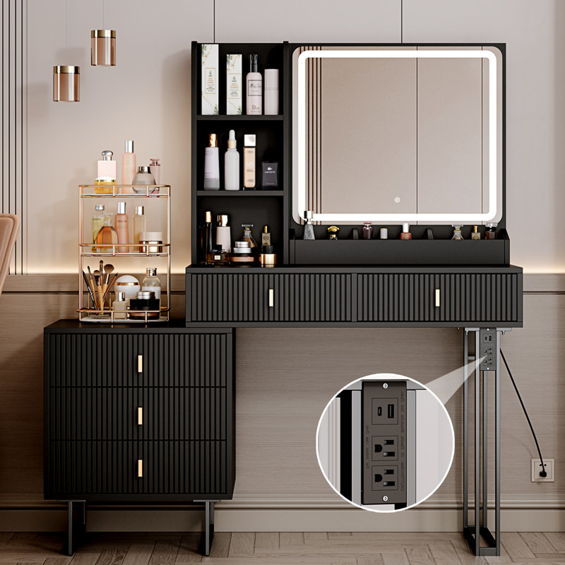 Axelson Makeup Vanity Desk with Large Mirror and Lights&Charging Station,3 Lighting Modes, Black/Black