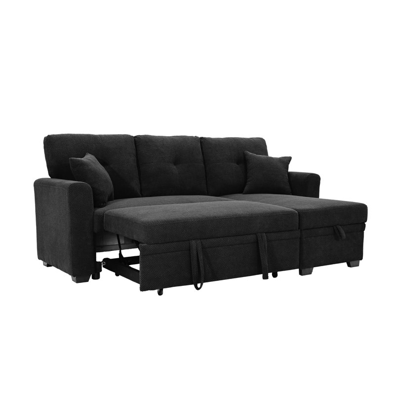 L-Shape 71" Wide Space-Saving Sleeper Sofa Upholstered Pull-Out Sofa Bed, Black