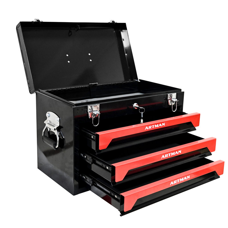 Boîte à outils 20 po à 3 tiroirs avec fermeture à loquet en métal, 20 po, noir et rouge