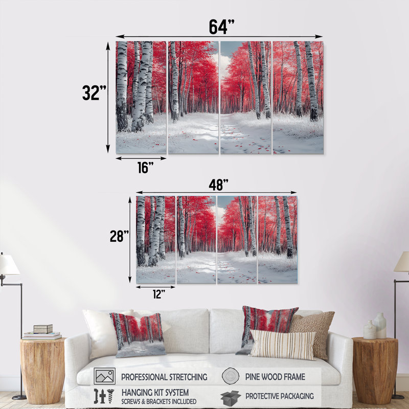Hiver, bouleaux rouges, forêt, Panorama II, ensemble d'art mural sur toile, H 32 po x l 64 po