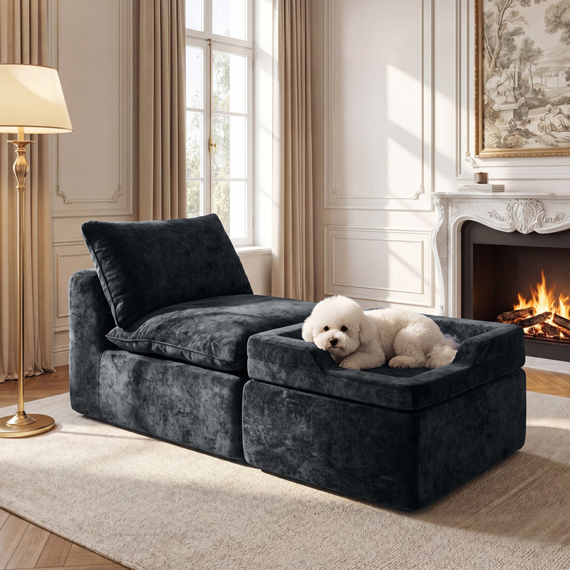 Chaise longue 62 po en velours écrasé gris foncé avec repose-pieds pour lit pour animal de compagnie, fauteuil Cloud modulaire, tissu OEKO-TEX, sans assemblage