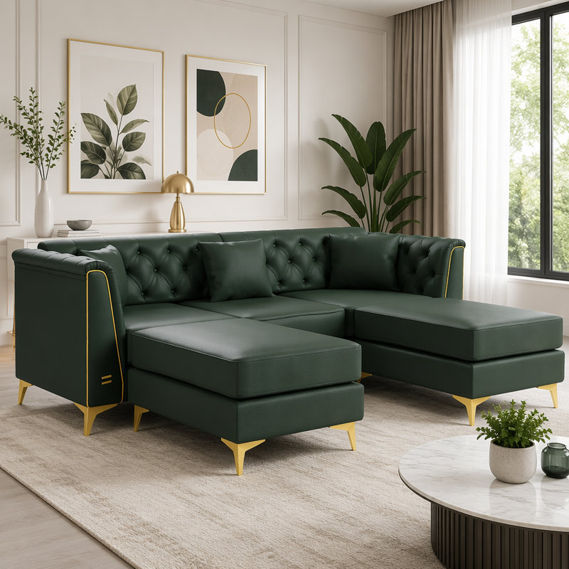 Canapé Chesterfield modulaire 3 places léger avec 2 repose-pieds, similicuir et pieds en métal Light, Similicuir vert