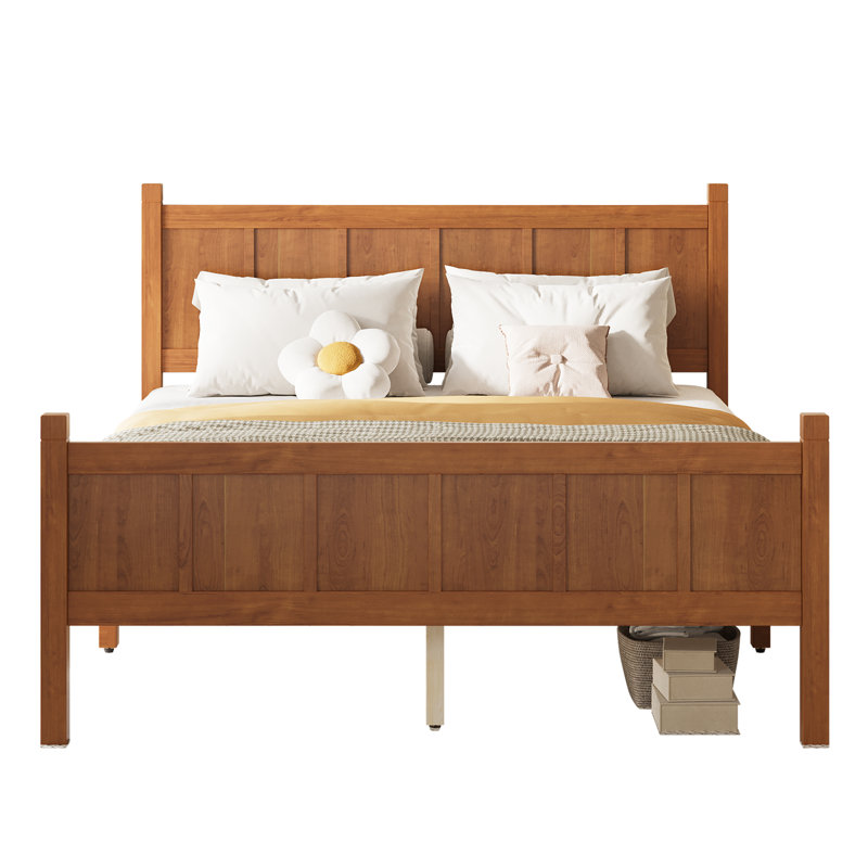 Lit plateforme double avec tête et pied de lit, lit à panneau plat en grain de bois moderne minimaliste, noyer clair, Noyer