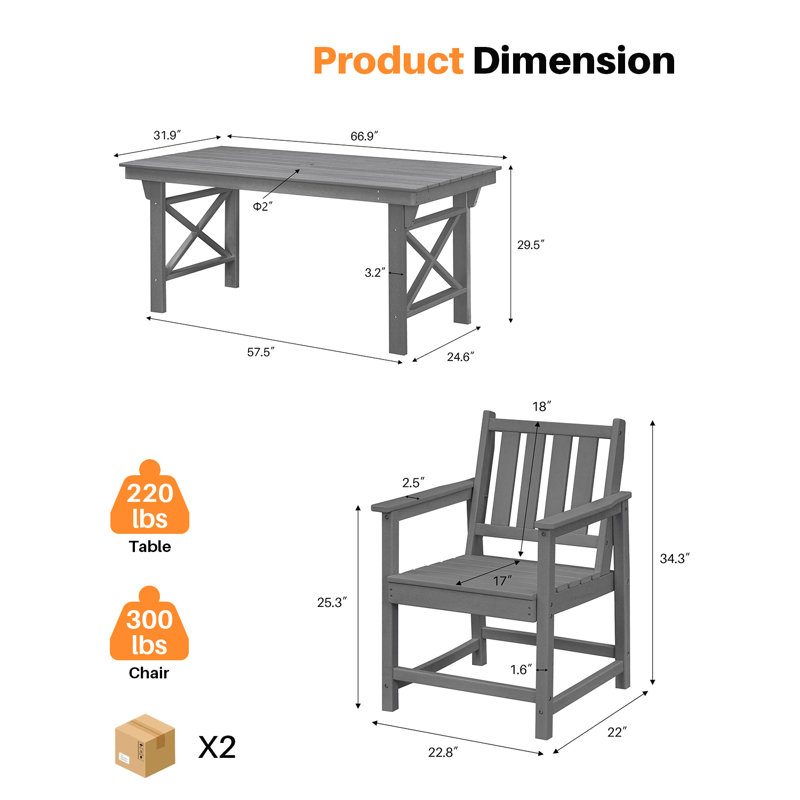 7 Pieces HDPE Outdoor Dining Set, Patio Dining Set With Umbrella Hole, All Weather Outdoor Dining Table Sets For 6, HDPE Patio Furniture Sets For Deck, Backyard, Lawn, And Poolside