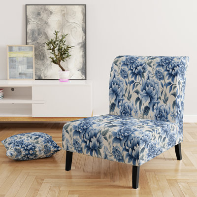 White And Blue Damask Breeze - Upholstered Traditional Slipper Chair, Blue Accent Chair