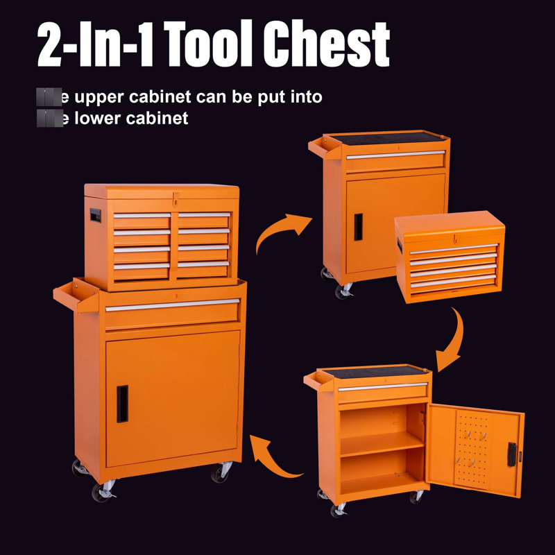 Acier orange, armoire de rangement pour outils, 5 tiroirs, coffre supérieur amovible, roues universelles, garage à domicile verrouillable facile à déplacer