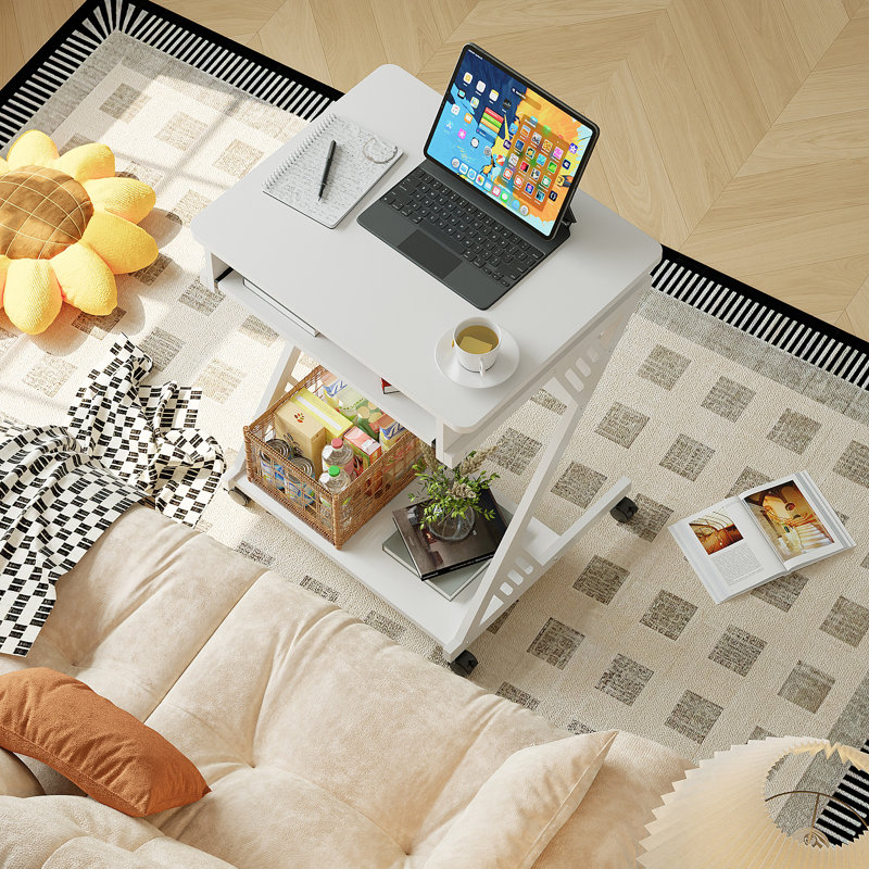 23.6" Z-Shaped Computer Desk with Keyboard Tray and Wheels, Compact Study Table for Small Spaces, White