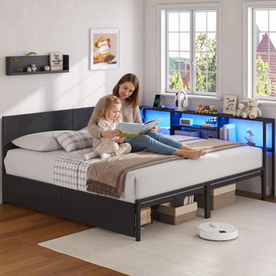 Lit plateforme en métal 2 en 1 King Size avec tête de lit bibliothèque, lumières DEL, station de recharge et 2 tiroirs de rangement, se transforme en 2 lits jumeaux