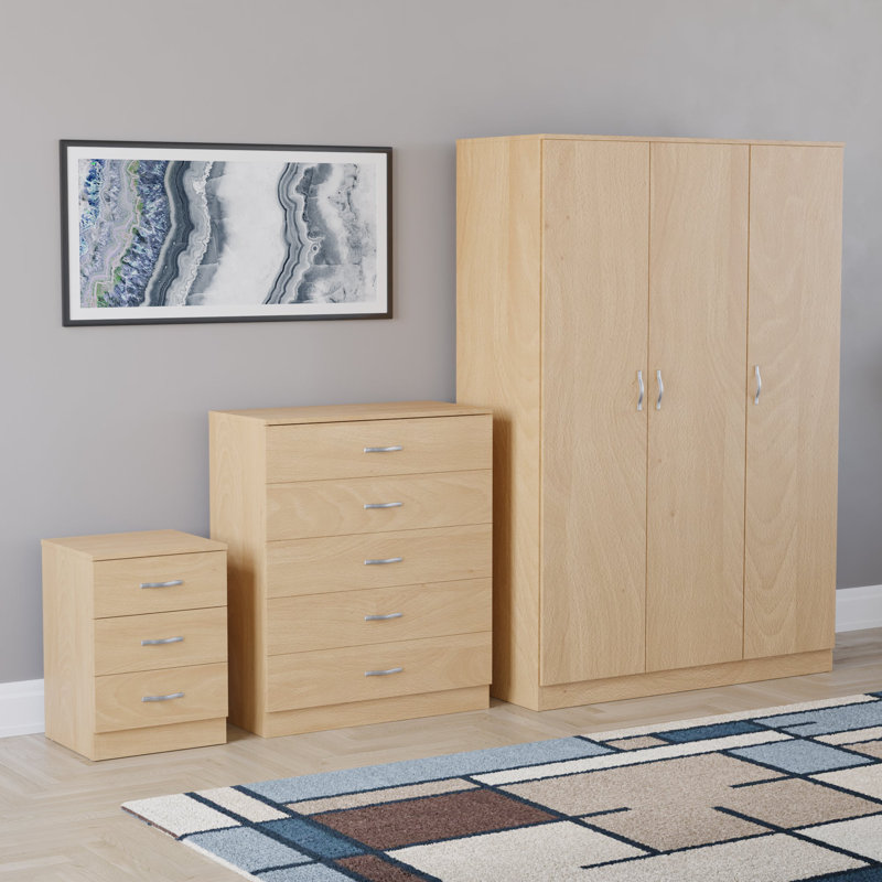 Maybery 3 Piece Bedroom Set (3 Drawer Bedside Chest, 5 Drawer Chest, 3 Door Wardrobe), (5), Pine