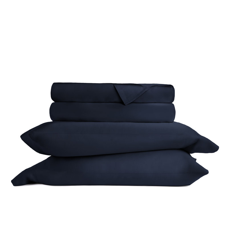 Ensemble de draps 100% rayonne de bambou soyeux, Ensemble de draps pour grand lit avec 2 taies d'or, Bleu marine
