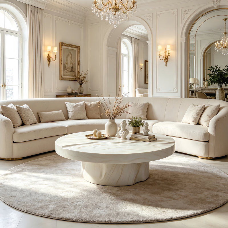 Table basse ronde en simili marbre blanc, Blanc / Blanc