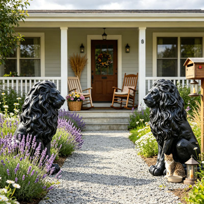 Set of 2 Lion Statues, Resin Outdoor Guardian Sculptures, Handcrafted Simulated Animal Decor for Villa Garden Park Patio, Patriotic Independence Day Decoration for Home Courtyard & Entryway