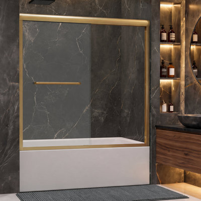 Porte de douche coulissante double de 56 à 60 po x H 57 po, porte de douche encadrée avec verre trempé de 1/4 po (6 mm) et roulettes silencieuses, accessoires en acier inoxydable