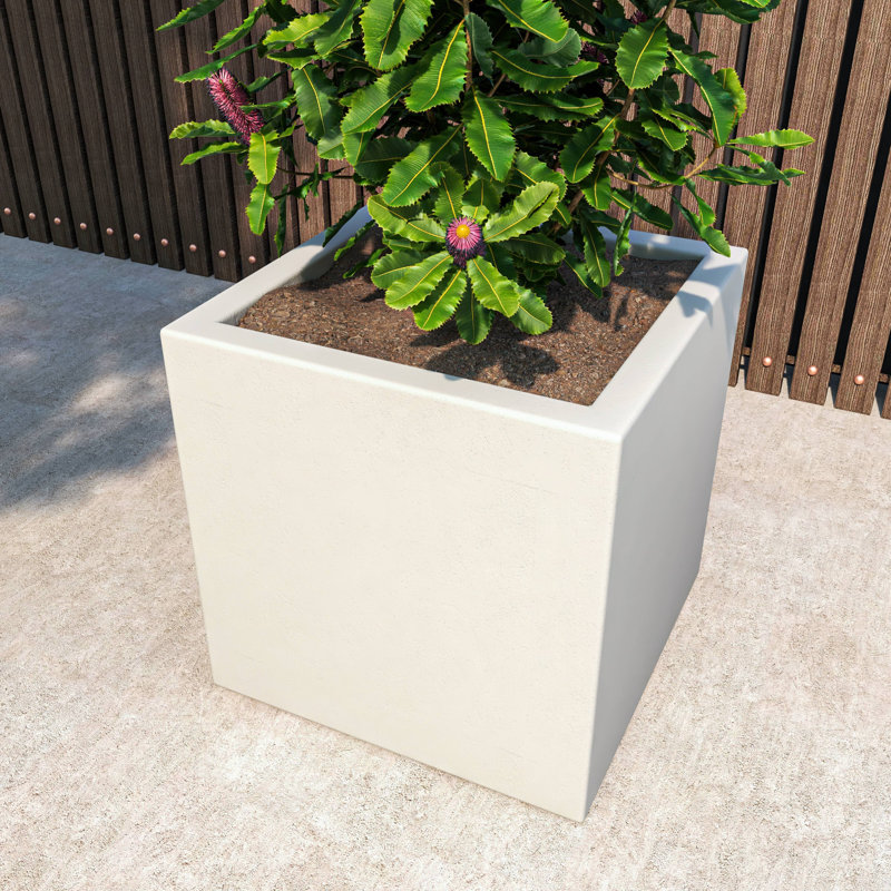 Urta Square Fiberstone Planter Modern Handmade MGO Clay Plant Pot with Drainage Holes for Indoor & Outdoor Use, White