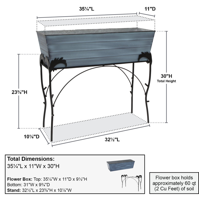 Lawrence Hill Metal Elevated Planter, 30"H x 35.25"W x 11"D, Nantucket Blue