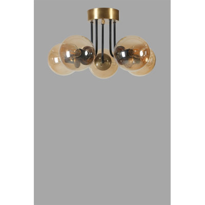 Élégant lustre en métal avec capuchon en verre ambre et or, 17,7 pouces de diamètre x 11,8 pouces de hauteur | Douille E27, 40 W maximum, IP20 | Superbe luminaire pour le salon, la salle à manger et le vestibule