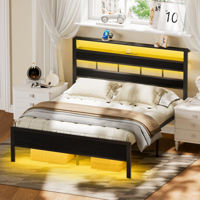 Queen Bed Frame with 2-Tier Shelves, Modern Platform Bed with Charging Station & LED Light, No Spring Box Needed