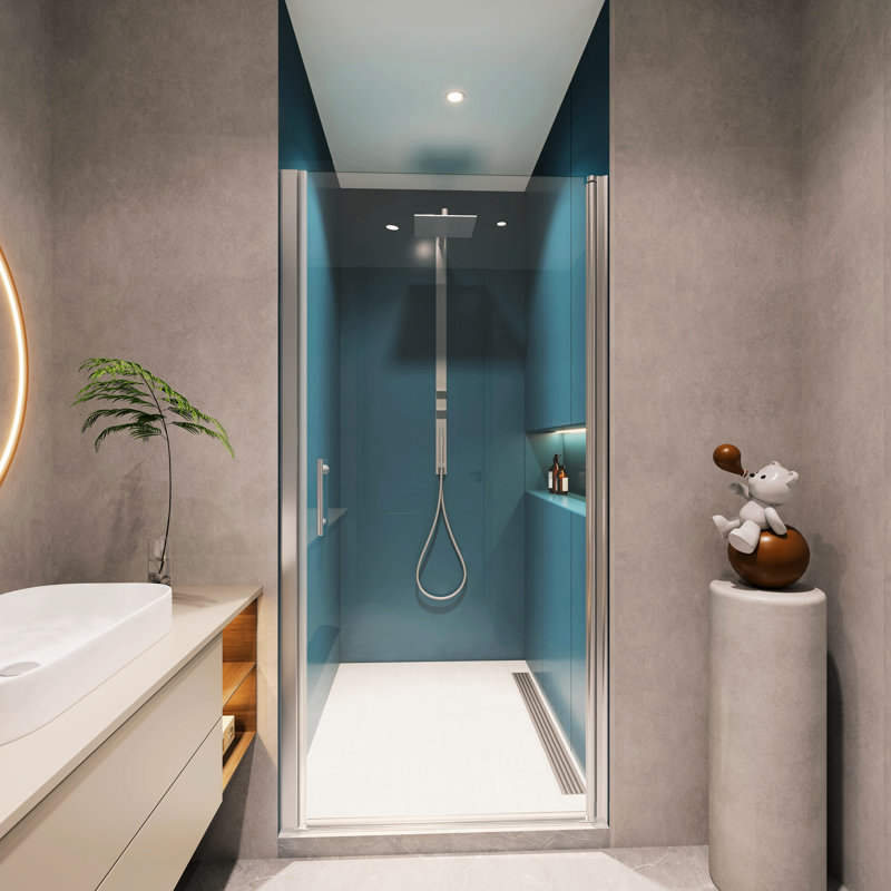 Polished Shower Door With 1/4" Tempered Glass - Universal Pivot, Wall Channel, #304 Stainless Steel Handle, , Easy Installation, Smooth Pivot System, Good Leak Resistance, 28-29 3/8" Adjustable Cover