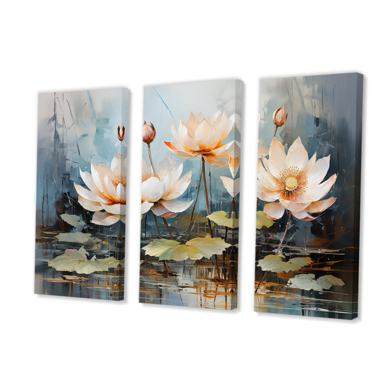 Fleurs de lotus en harmonie orageuse I - ensemble de salon d'art mural Lotus, H 40 po x l 60 po x P 1 po
