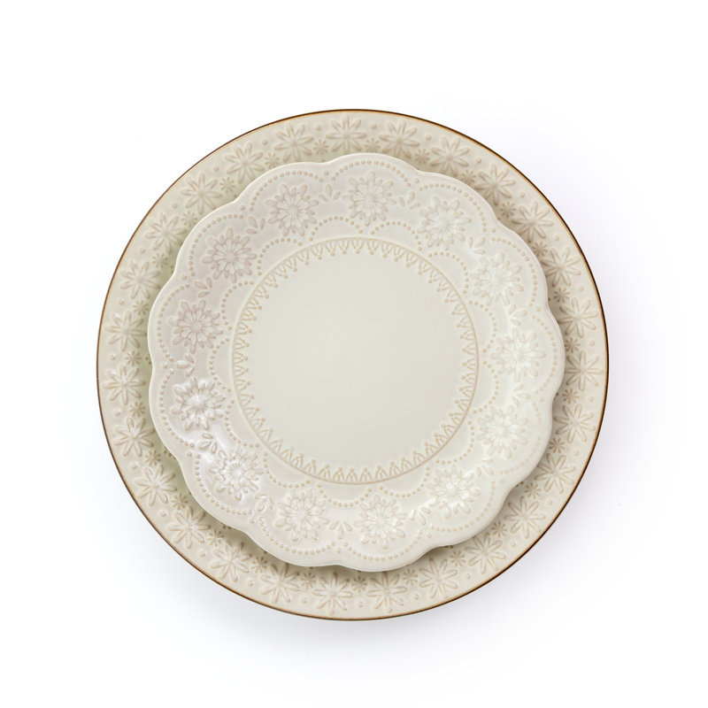 Ivory Embossed Ceramic 16-Piece Dinnerware Set with Scalloped Edges
