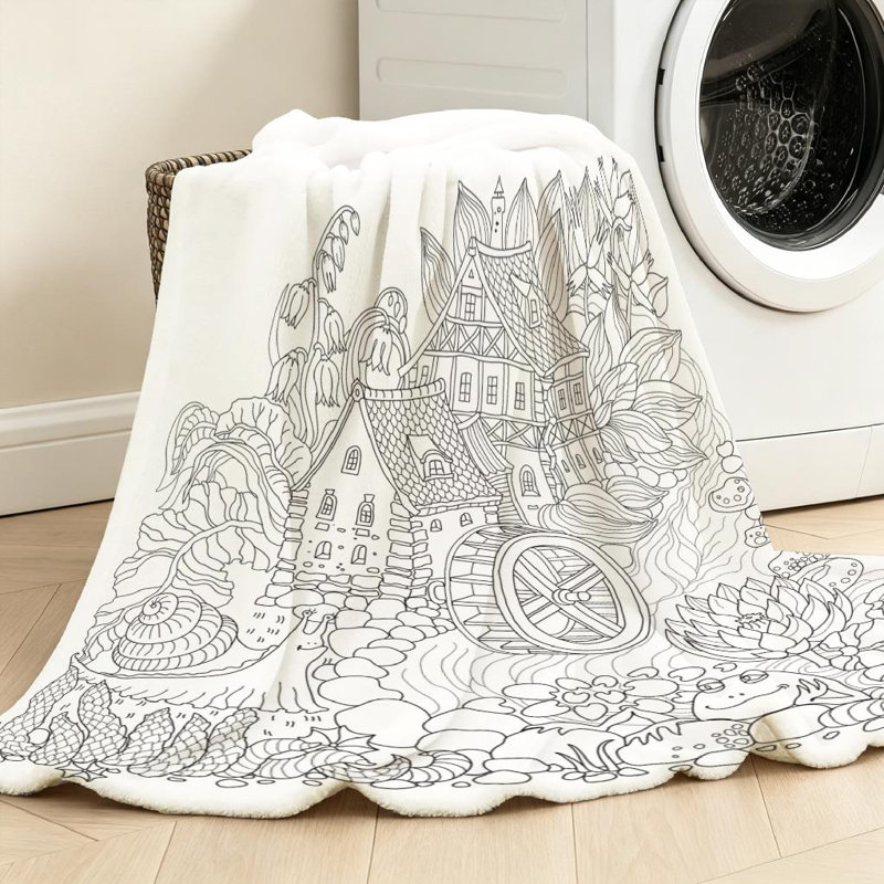 Jeté en molleton noir ultra doux et imprimé de contes de fée blanc, Throw 50" x 60"