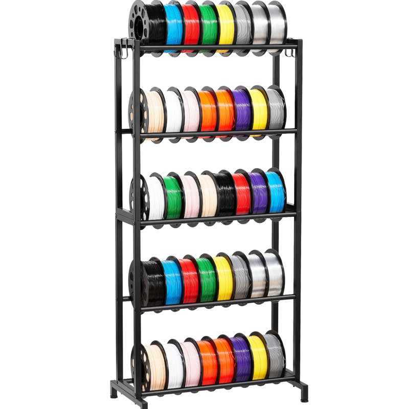 Support de rangement à 5 niveaux pour filaments 3D, fabrication robuste en acier au carbone, charge totale de 500 lb, espacement réglable des tuyaux de 7 pouces, s'adapte à 200 bobines de 1000 G, 45 rangements de bobines, porte-accessoires complets pour imprimante,