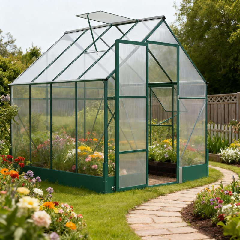Serre en polycarbonate avec évent de toit et gouttière