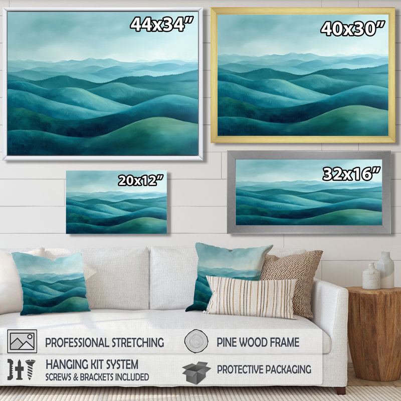 «Countryside Rolling Hills In The Mist II», art mural grand paysage, H 30 po x l 40 po, Cadre flottant, Argent argent