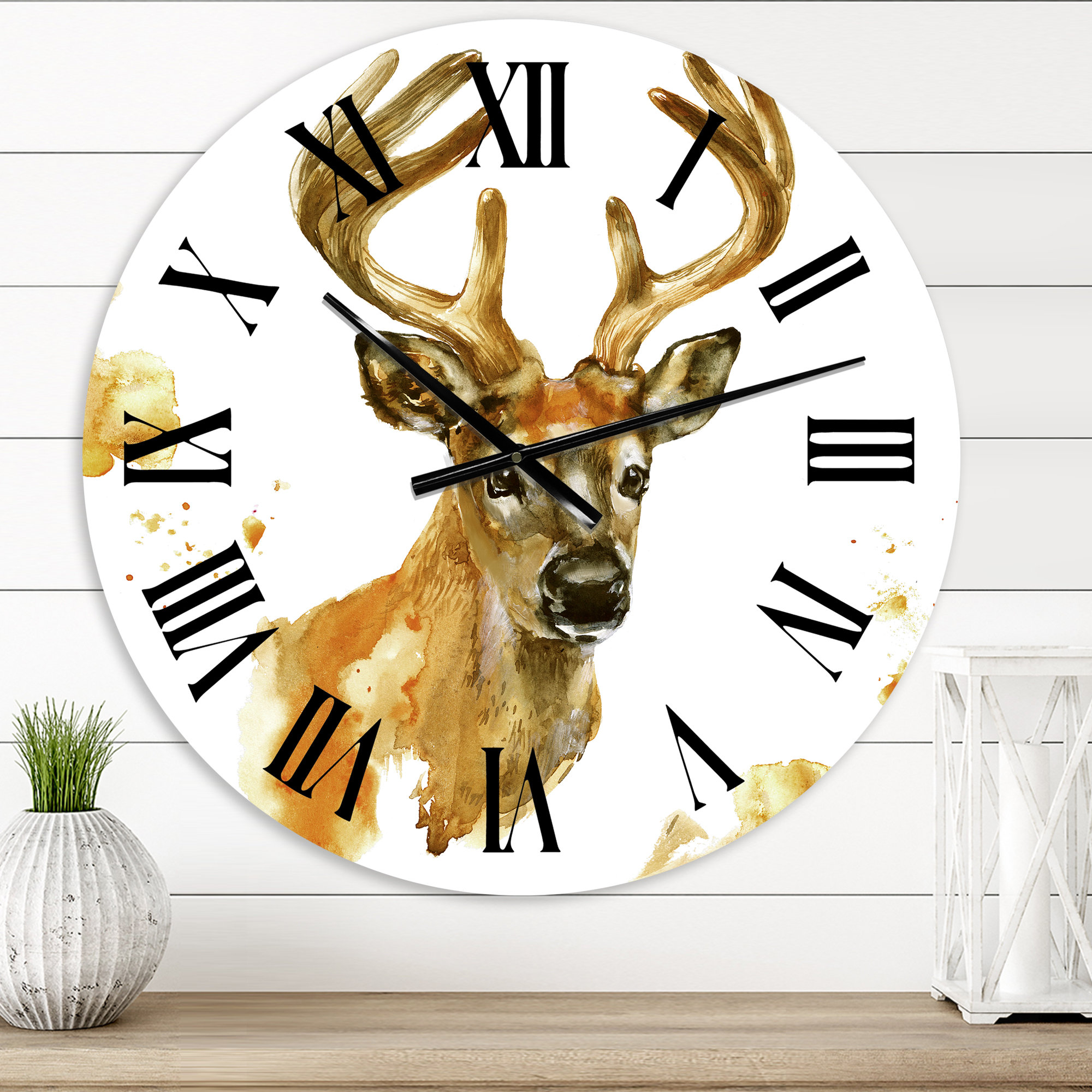 East Urban Home Portrait Of Deer With Big Horns - Farmhouse wall clock ...