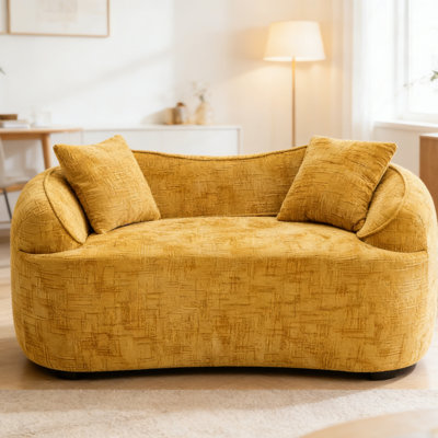 Canapé jaune incurvé pour deux personnes |  Sièges de salon de style nuage | Conception compacte en arc avec coussins intégrés | Décoration moderne minimaliste pour chambre à coucher ou petit espace