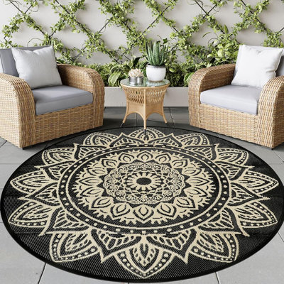 Tapis d'extérieur ronds pour patios Tapis d'extérieur en plastique Boho de 8 pi Cercle extérieur réversible imperméable Tapis d'extérieur léger et portatif pour porche de jardin (noir chameau)