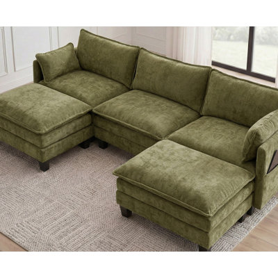 Modern Green Chenille Sofa Set, 3-seat Couch With Individual Matching Ottoman, Modular Living Room Furniture With Built-in Usb Ports