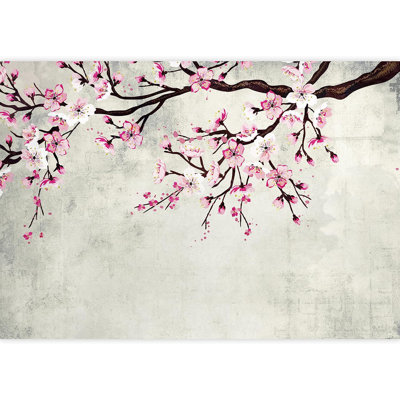 Watercolor Style Ink Painting Pink Cherry Blossom on Vintage Wall Paintable Wall Mural