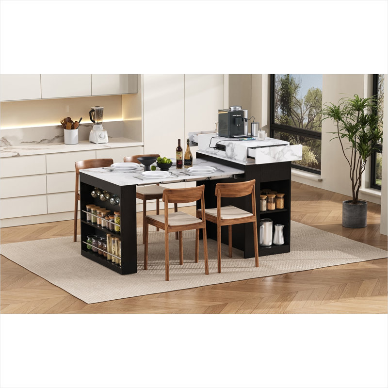 Table de salle à manger extensible avec tiroirs et prise de courant, marbre noir de jais et blanc, 2 ou 3 sièges, îlot de cuisine sur roulettes